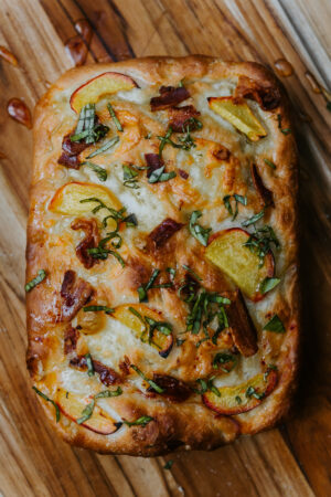 Peach Focaccia with Bacon, Mozzarella, and Honey